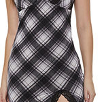 Forever 21 Juniors Womens Plaid Lace Edged Front-Slit Bodycon Dress