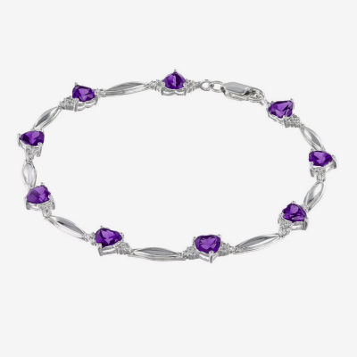 Genuine Amethyst & Diamond Accent Heart-Shaped Sterling Silver Bracelet