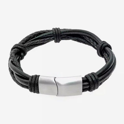 Mens Black Leather Bracelet with Stainless Steel Magnetic Clasp - Main Image