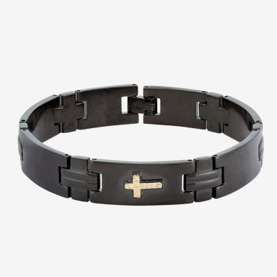 Mens Black Stainless Steel Cross Chain Bracelet