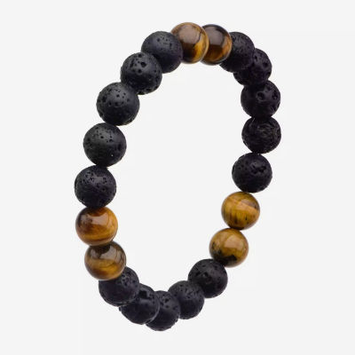 Inox® Jewelry Mens Black Lava & Brown Tiger Eye Stainless Steel Bead Bracelet