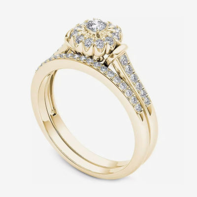 Womens 1/3 CT. T.W. Natural White Diamond 10K Gold Round Side Stone Halo Bridal Set