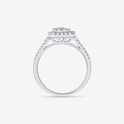 Womens 1/2 CT. T.W. Natural White Diamond 10K White Gold Cushion Side Stone Halo Engagement Ring