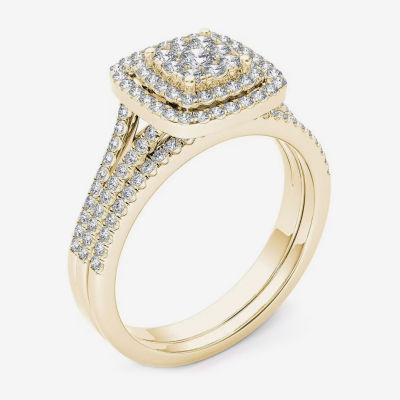 Womens 1/2 CT. T.W. Natural White Diamond 10K Gold Cushion Side Stone Halo Bridal Set