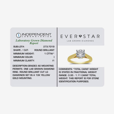 (H-I / I1) Womens 1 CT. Lab Grown White Diamond 10K Gold Round Solitaire Engagement Ring