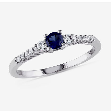 Modern Bride Gemstone Womens Diamond Accent Lab Created Blue Sapphire Sterling Silver Round Side Stone Promise Ring, 7