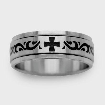 Mens 6MM Stainless Steel Cross Wedding Band