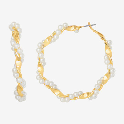 JS Jessica Simpson Gold Tone Simulated Pearl 52.2mm Hoop Earrings