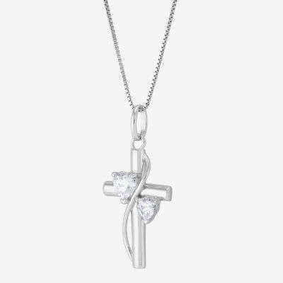 Womens White Cubic Zirconia Sterling Silver Cross Heart 18 Inch Pendant Necklace