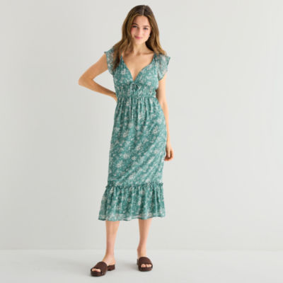 Emerald Sundae Womens Juniors Short Sleeve Floral Midi Maxi Dress