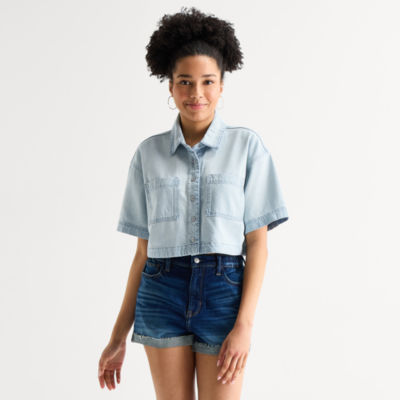 Arizona Womens Juniors Short Sleeve Regular Fit Button-Down Shirt