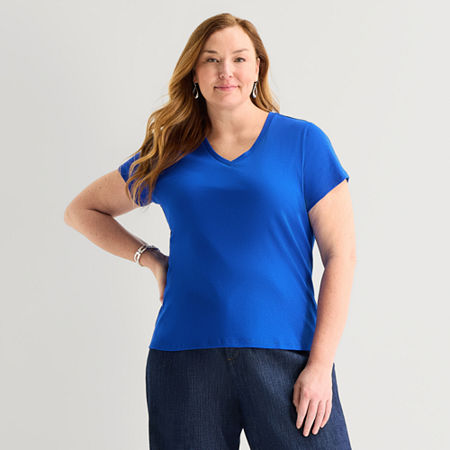 Liz Claiborne Womens Plus V Neck Short Sleeve T-Shirt, 1x, Blue