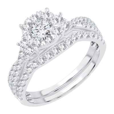 Womens 1 CT. T.W. Natural White Diamond 14K White Gold Round Side Stone Halo Bridal Set