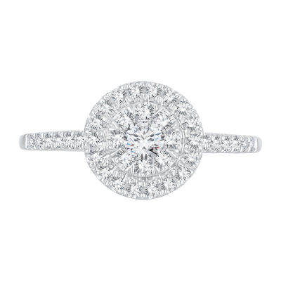 Womens 1/2 CT. T.W. Natural White Diamond 14K White Gold Round Side Stone Halo Engagement Ring