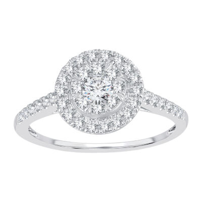 Womens 1/2 CT. T.W. Natural White Diamond 14K White Gold Round Side Stone Halo Engagement Ring
