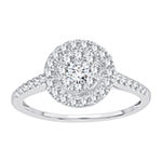 Womens 1/2 CT. T.W. Genuine White Diamond 14K White Gold Round Side Stone Halo Engagement Ring
