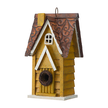 Glitzhome 12in Distressed Solid Wood Bird Houses, One Size, Yellow