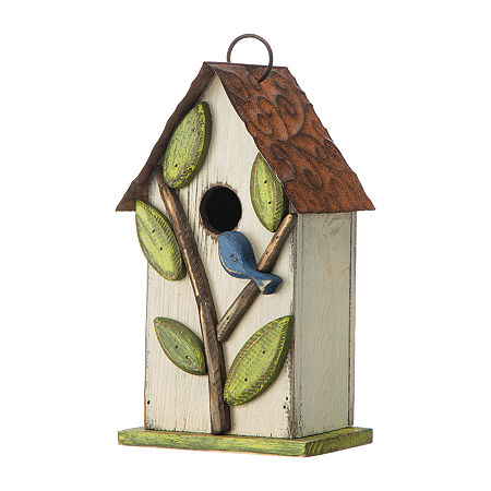 Glitzhome 9.75in Distressed Solid Wood Bird Houses, One Size, White