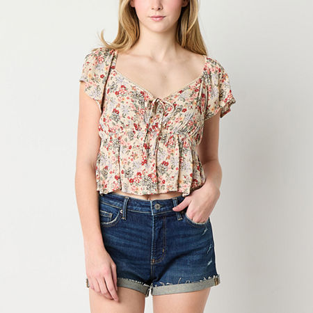 Arizona Juniors Womens Scoop Neck Short Sleeve Peasant Top