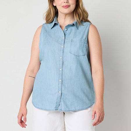 St. John's Bay Plus Womens Sleeveless Regular Fit Button-Down Shirt