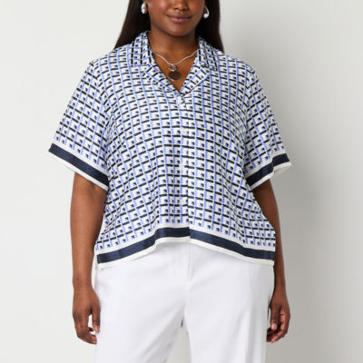 Worthington Womens Plus Short Sleeve Camp Shirt