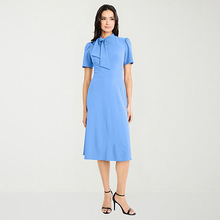 London Style Womens Short Sleeve Midi Fit + Flare Dress, 12, Blue
