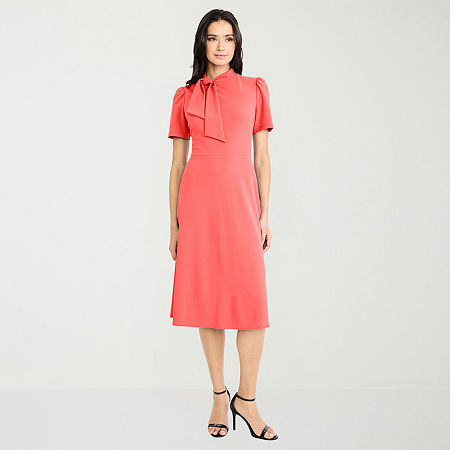 London Style Womens Midi High Neck Short Sleeve Fit + Flare Dress, 6, Orange