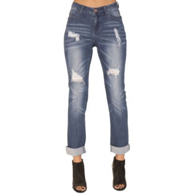 Poetic Justice Chanelle Womens Mid Rise Ripped Stretch Fabric Curvy Fit Slim Fit Boyfriend Jean