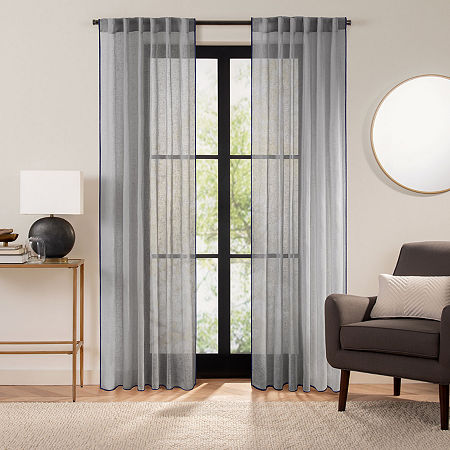 Fieldcrest Luxury Linen Border Stripe Sheer Rod Pocket Back Tab Single Curtain Panel, One Size , Silver