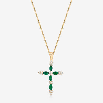 Womens 1/6 CT. T.W. Genuine Green Emerald 10K Gold Cross Pendant Necklace