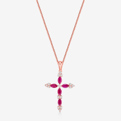 Womens 1/6 CT. T.W. Lead Glass-Filled Red Ruby 10K Rose Gold Cross Pendant Necklace