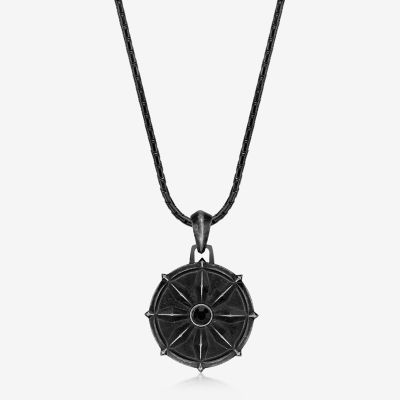 Mens Black Spinel Stainless Steel Round Pendant Necklace