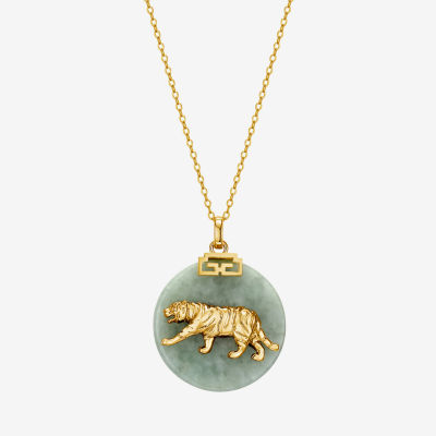 Tiger Womens Genuine Green Jade 18K Gold Over Silver Pendant Necklace