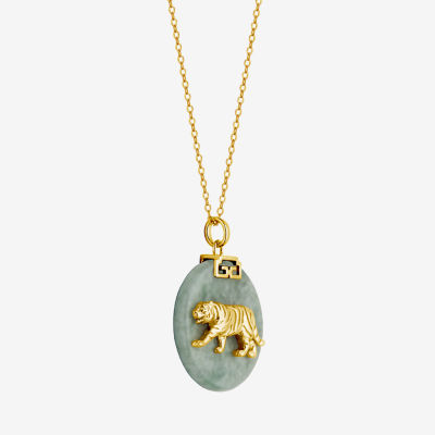 Tiger Womens Genuine Green Jade 18K Gold Over Silver Pendant Necklace