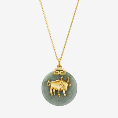 Bull Womens Genuine Green Jade 18K Gold Over Silver Pendant Necklace