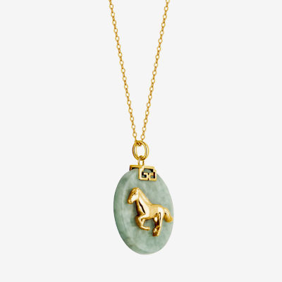 Horse Womens Genuine Green Jade 18K Gold Over Silver Pendant Necklace