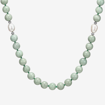 Womens Genuine Green Jade 18K Gold Over Silver Beaded Necklace