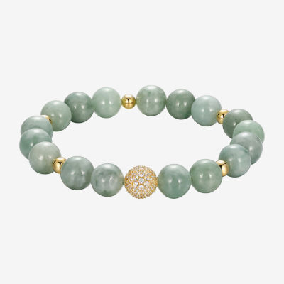Genuine Green Jade 18K Gold Over Silver Beaded Bracelet
