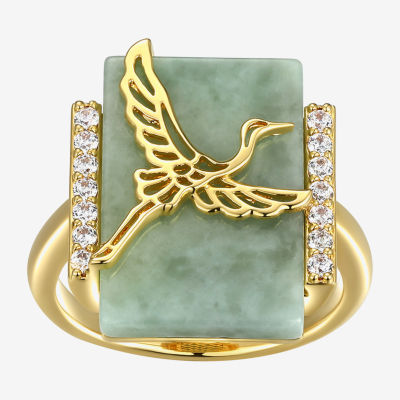 Womens Genuine Green Jade 18K Gold Over Silver Rectangular Cocktail Ring