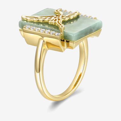 Womens Genuine Green Jade 18K Gold Over Silver Rectangular Cocktail Ring