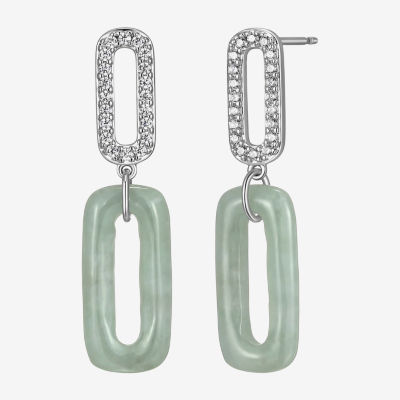 Genuine Green Jade Sterling Silver Paperclip Drop Earrings
