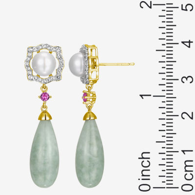 Genuine Green Jade 18K Gold Over Silver Drop Earrings