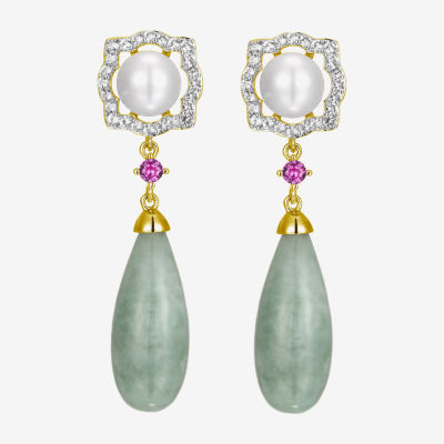 Genuine Green Jade 18K Gold Over Silver Drop Earrings