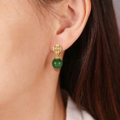 Genuine Green Jade 18K Gold Over Silver Drop Earrings