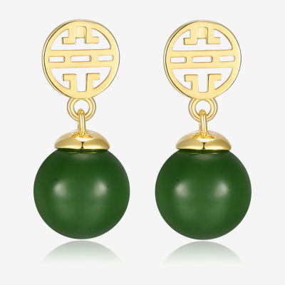 Genuine Green Jade 18K Gold Over Silver Drop Earrings