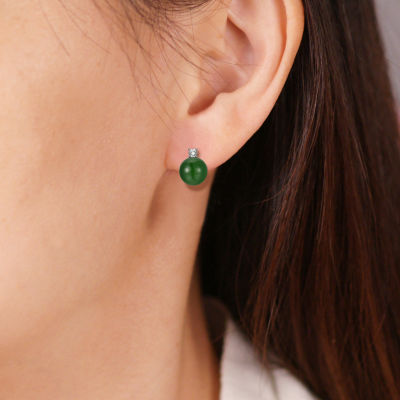 Diamond Accent Genuine Green Jade Sterling Silver 10.3mm Stud Earrings