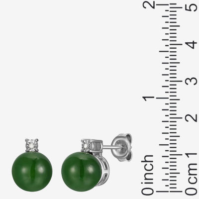 Diamond Accent Genuine Green Jade Sterling Silver 10.3mm Stud Earrings