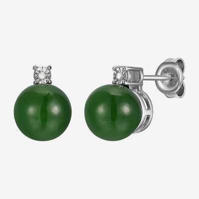 Diamond Accent Genuine Green Jade Sterling Silver 10.3mm Stud Earrings