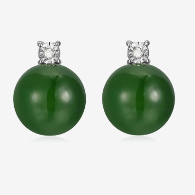 Diamond Accent Genuine Green Jade Sterling Silver 10.3mm Stud Earrings