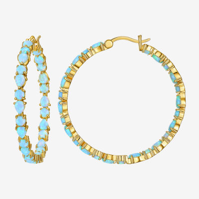 Lab Created White Opal 18K Gold Over Silver 38.5mm Hoop Earrings